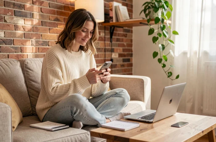 Jeune femme freelance gérant son business en ligne depuis son appartement avec smartphone et ordinateur portable
