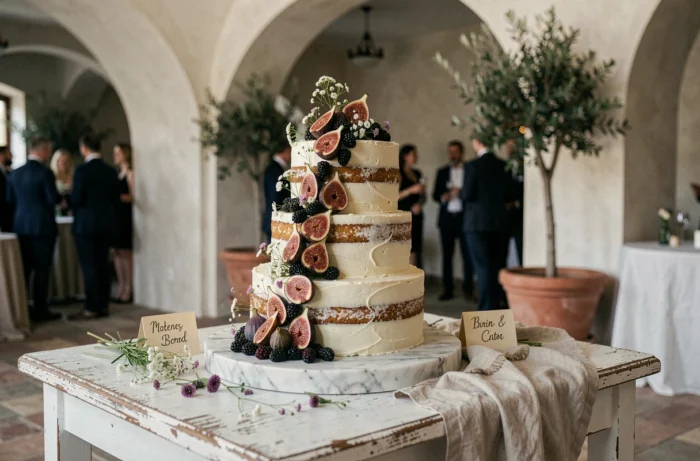 Gâteau de mariage naked cake décoré de figues et fleurs sauvages sur une table en marbre dans un lieu rustique chic