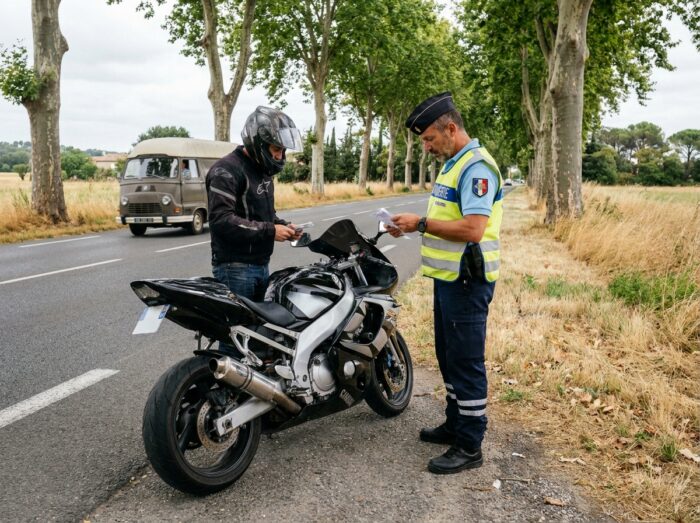 Gendarme contrôlant les papiers d'un motard sur une route de campagne française, moto customisée modifiée non conforme aux normes