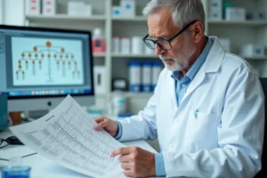 Généticien examinant un arbre généalogique dans un laboratoire moderne pour analyser le taux de consanguinité