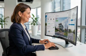 Femme professionnelle gérant des biens immobiliers en ligne sur une plateforme numérique dans un bureau moderne