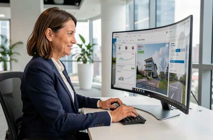 Femme professionnelle gérant des biens immobiliers en ligne sur une plateforme numérique dans un bureau moderne