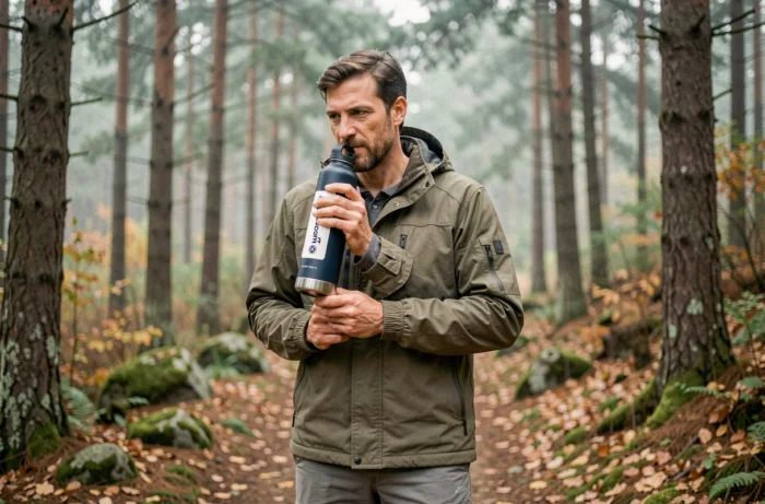 Homme en randonnée buvant dans une gourde isotherme Armor Lux sur un sentier forestier en automne