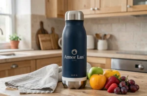 Gourde isotherme Armor Lux en acier inoxydable posée sur un comptoir en bois dans une cuisine moderne