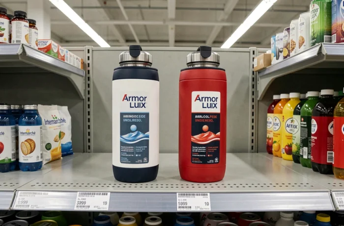 Gourdes isothermes Armor Lux en vente sur les rayons d'un supermarché Intermarché