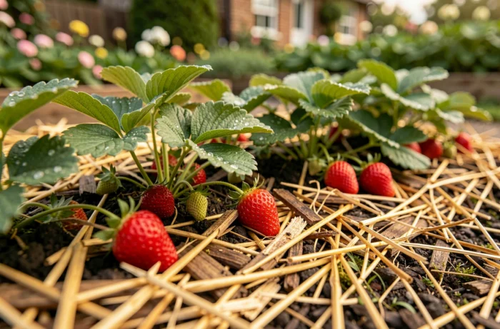 Gros plan sur des fraisiers avec un paillage de paille et copeaux de bois pour conserver l'humidité du sol