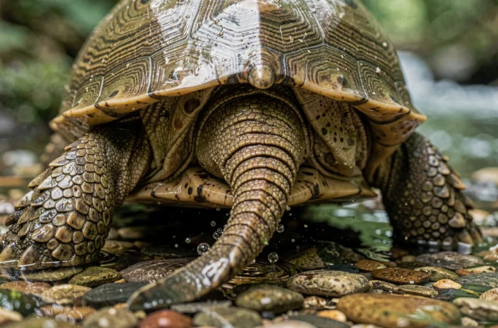 Gros plan sur la zone cloacale d'une tortue de la Mary River sous l'eau, illustrant le mécanisme de respiration par le cloaque avec de fines bulles d'air visibles