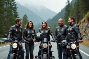 Groupe de motards du Motor X Club réunis sur une route de montagne, portant des vestes en cuir avec patch de club, partageant un moment de convivialité
