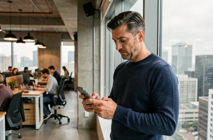 Homme consultant une application de finance en ligne sur smartphone dans un espace de coworking avec vue sur la ville