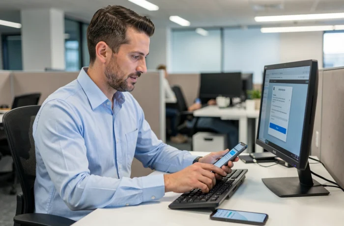 Homme vérifiant un code d'authentification sur smartphone pour résoudre un problème de connexion à son compte en ligne au bureau