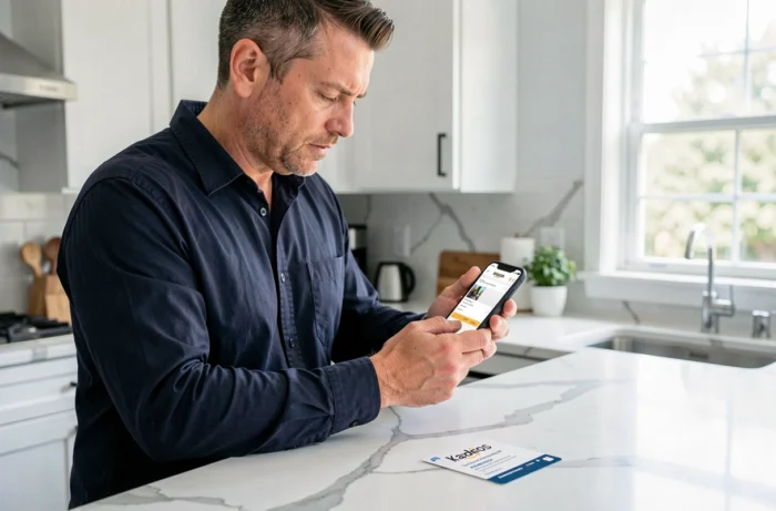Homme consultant sa carte Kadéos et son smartphone pour finaliser un achat Amazon dans une cuisine moderne