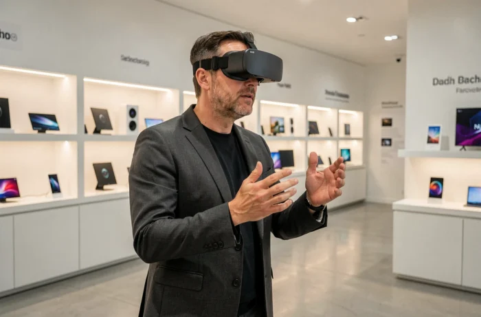 Homme testant un casque de réalité mixte dans un showroom technologique contemporain