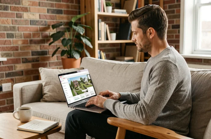 Homme consultant un site d'investissement immobilier sur son ordinateur portable depuis son bureau à domicile