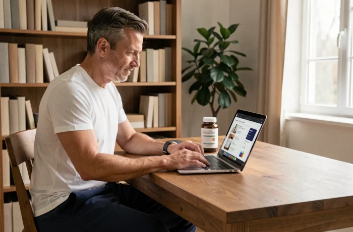 Homme consultant des informations sur Haplex Plus devant son ordinateur à domicile