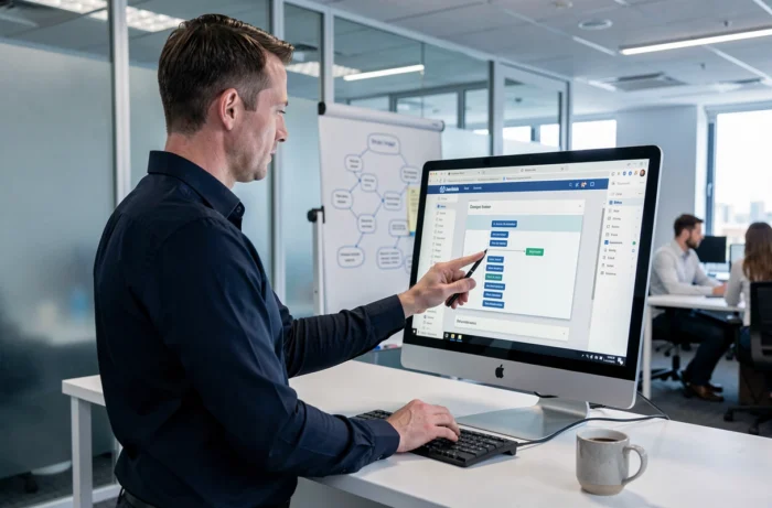 Homme consultant le plan de navigation d'un site de service après-vente sur un grand écran dans un bureau professionnel moderne
