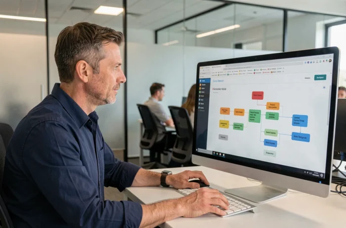 Homme consultant une interface de sitemap hiérarchique sur un grand écran dans un bureau professionnel moderne