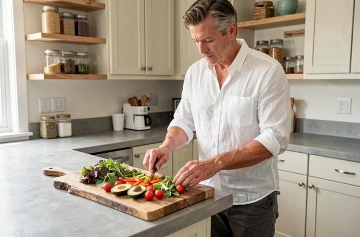 Homme préparant un repas sain et équilibré dans une cuisine moderne avec des légumes frais et colorés pour prendre soin de sa santé au quotidien