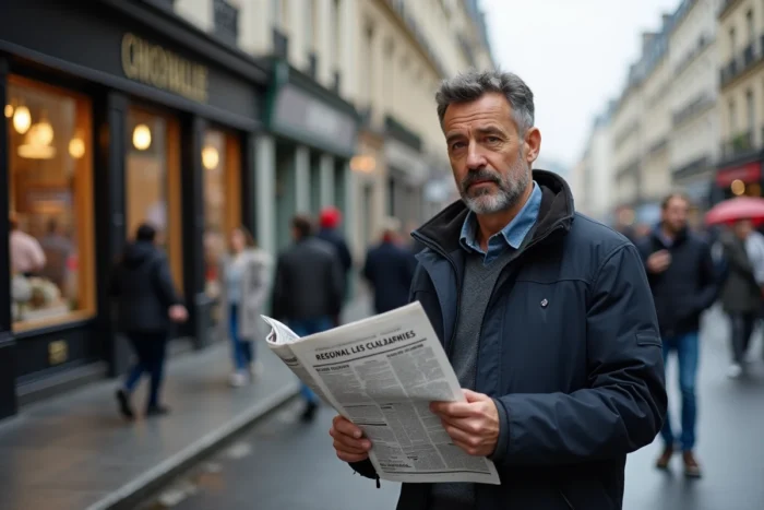 Homme lisant les petites annonces dans un journal régional devant un kiosque en rue française