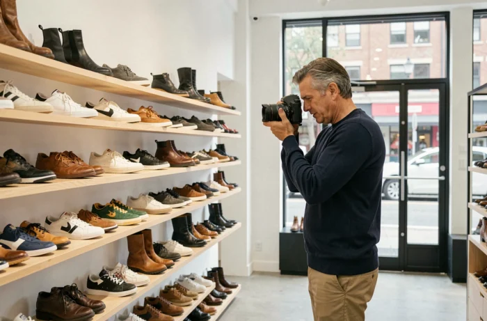 Homme photographiant un mur de chaussures dans une boutique moderne pour un site dédié aux passionnés de chaussures