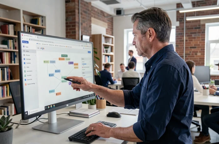Homme consultant le plan du site complet irist.fr sur un grand écran en open space