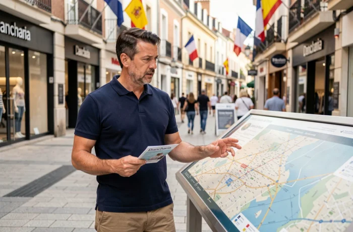 Homme consultant le plan de la zone commerciale de Dancharia à la frontière franco-espagnole