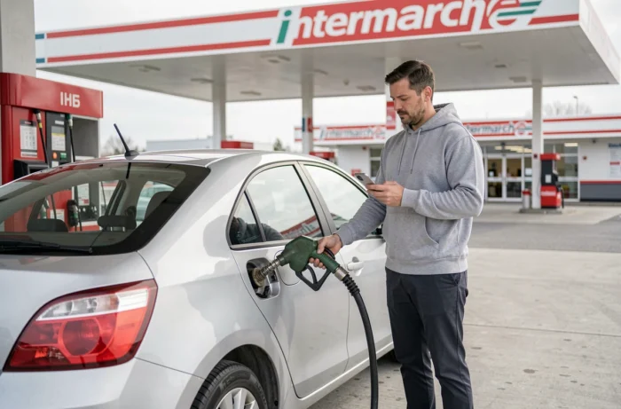 Homme faisant le plein de gasoil dans sa voiture à la station-service Intermarché, consultant son téléphone pendant le remplissage