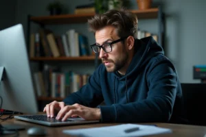 Homme sceptique lisant un forum en ligne sur un ordinateur portable dans un bureau à domicile encombré