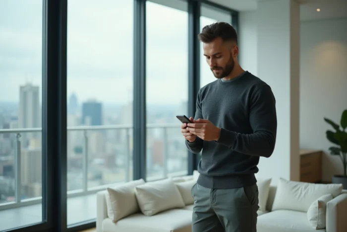 Homme recherchant l'adresse email de CDC Habitat sur son smartphone dans un appartement moderne