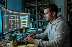 Homme en sweat gris naviguant sur un site de torrents depuis son bureau maison encombré avec un grand écran incurvé affichant des barres de téléchargement