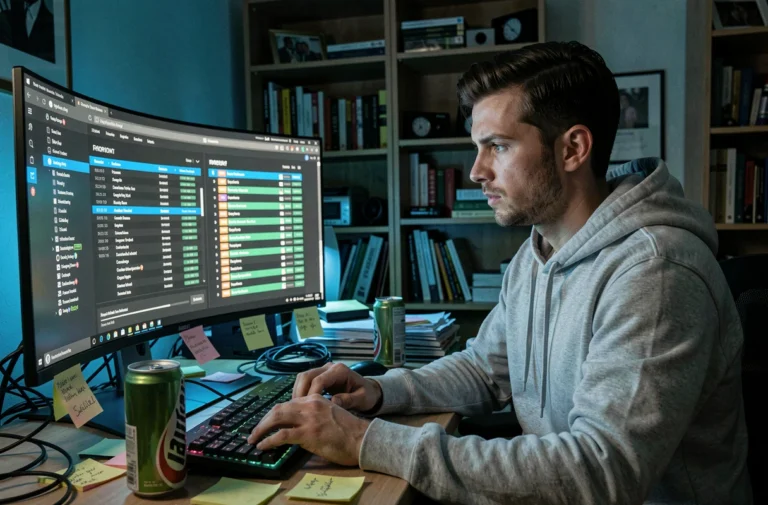 Homme en sweat gris naviguant sur un site de torrents depuis son bureau maison encombré avec un grand écran incurvé affichant des barres de téléchargement