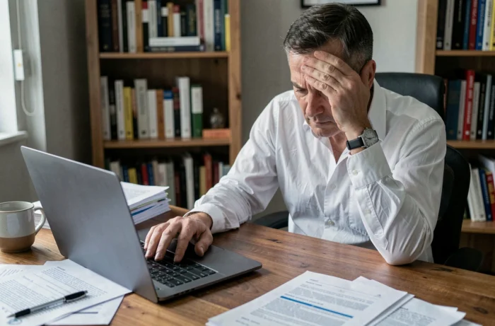 Homme fatigué en télétravail rédigeant un email d'absence pour maladie sur son ordinateur portable depuis son bureau à domicile