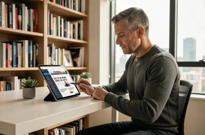 Professionnel consultant les dernières tendances marketing sur une tablette dans un bureau épuré à domicile