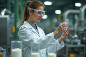 Ingénieure chimiste examinant un échantillon de plastique PET recyclé dans une installation industrielle de recyclage enzymatique Carbios