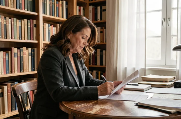 Femme au profil d'intellectuelle engagée travaillant dans une bibliothèque privée, symbolisant la réflexion politique et littéraire d'Ingrid Betancourt