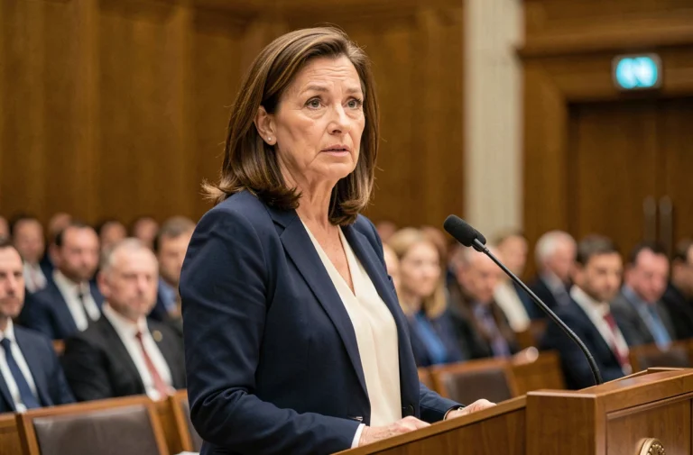 Ingrid Betancourt prenant la parole lors d'un discours politique dans une salle de conférence formelle européenne