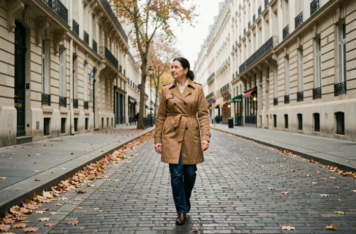 Femme évoquant Ingrid Betancourt marchant dans une rue parisienne en automne, reflet de sa vie entre France et engagement politique