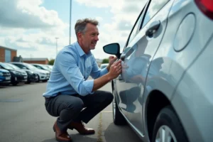 Homme inspectant la carrosserie d'une voiture d'occasion dans un lot de concessionnaire
