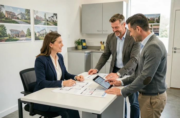 Conseillère immobilière accueillant un couple de clients dans un bureau de vente modulaire aménagé