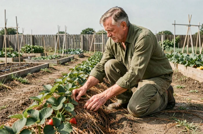 Jardinier appliquant du paillis d'aiguilles de pin sur une rangée de fraisiers dans un jardin potager partagé