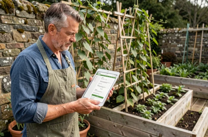 Jardinier consultant le plan d'un site web jardinage sur une tablette au milieu de son potager