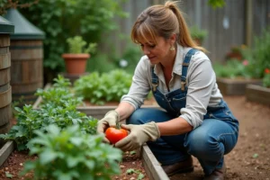Femme jardinière en salopette dans un potager écologique avec des plants de tomates et herbes aromatiques