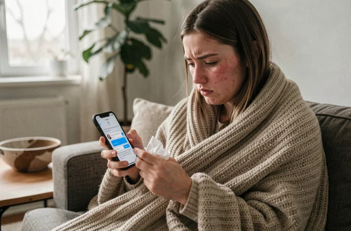 Jeune femme enrhumée allongée sur son canapé consultant un exemple de message d'absence maladie sur son téléphone portable