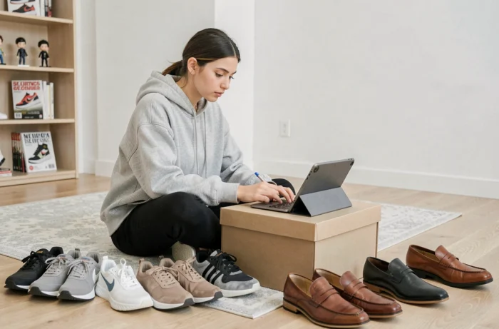 Jeune femme organisant et classifiant des chaussures sur le sol pour structurer le contenu d'un site spécialisé