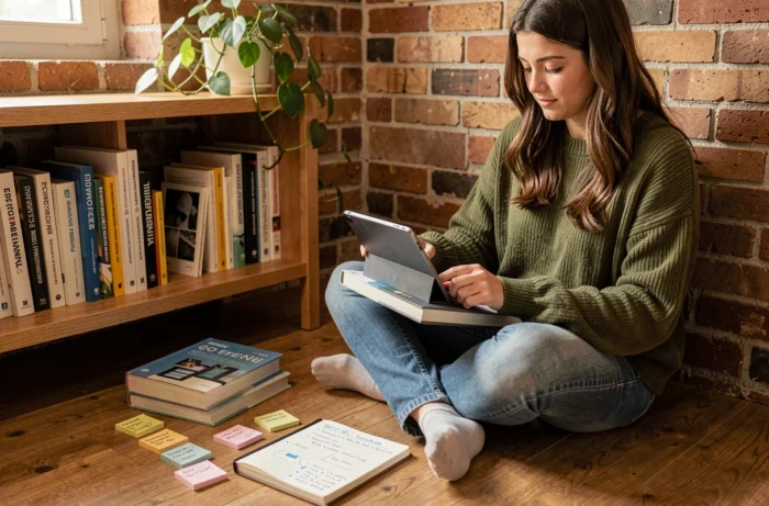 Jeune femme travaillant sur sa stratégie de référencement naturel avec des notes manuscrites et une tablette dans un bureau à domicile chaleureux