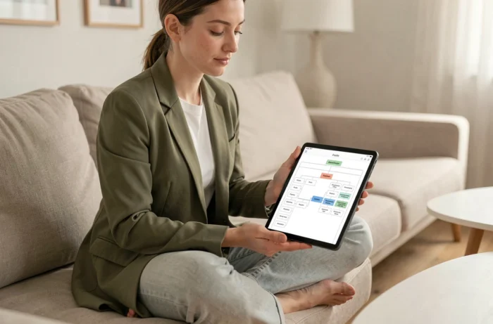 Jeune femme explorant le plan du site irist.fr sur une tablette dans un salon scandinave