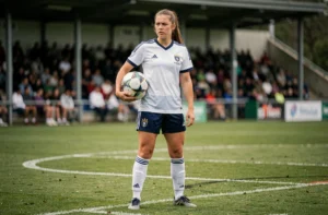 Jeune footballeuse en tenue de match debout sur la pelouse d'un stade de Division 1 féminine, ballon à la hanche, regard concentré