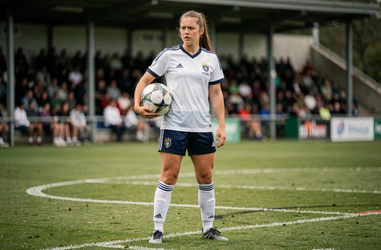 Jeune footballeuse en tenue de match debout sur la pelouse d'un stade de Division 1 féminine, ballon à la hanche, regard concentré