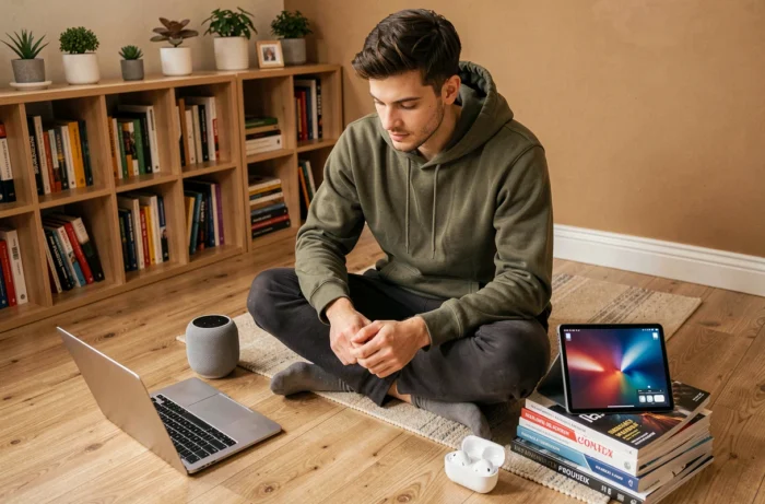 Jeune homme entouré de gadgets high-tech dans un espace de travail à domicile moderne