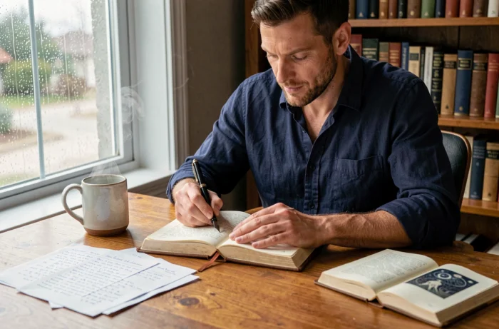 Homme écrivant dans un journal de rêves à son bureau en bois, pratique d'interprétation des rêves
