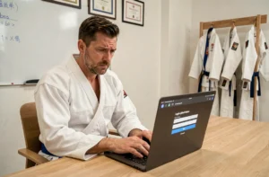 Judoka en kimono blanc résolvant un problème de connexion à l'extranet FFJDA sur un ordinateur portable dans un bureau de club